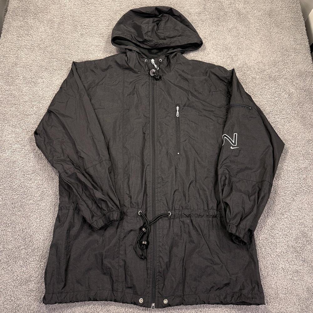 Vtg Nike Jacket Womens Medium Black Hooded Windbreaker Y2K‎ full Zip Long